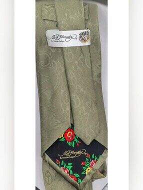 Vtg Ed Hardy Christian Audigier Silk Tie Green Tattoo Art Peace Sign Heart Roses